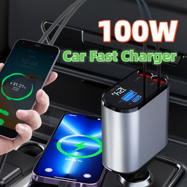 Metal Car Charger 100W Fast Charging USB And TYPE-C Adapter - bliblikishop